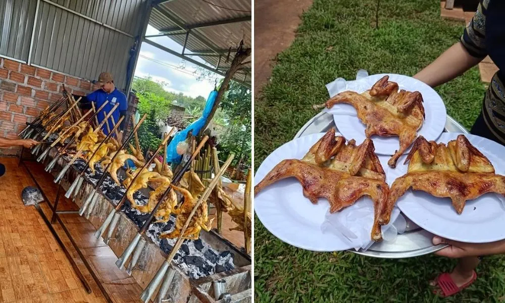 Đĩa gà nướng vàng ruộm và ống cơm lam thơm dẻo tại quán H’BLA Tơ Rưng, đậm đà hương vị núi rừng Tây Nguyên