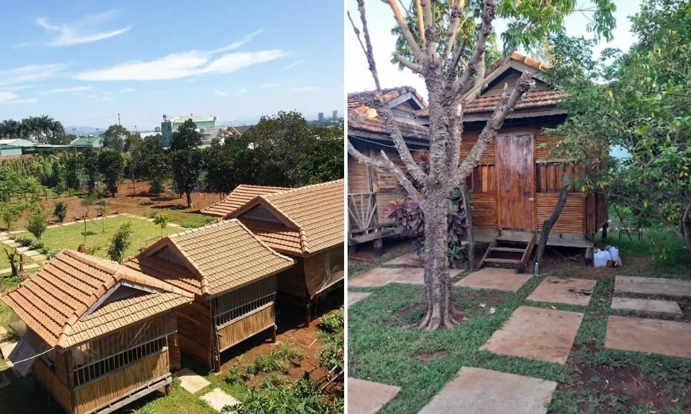 Không gian sân vườn rộng rãi, thoáng mát của quán Rơ Châm Rô, thích hợp cho các nhóm đông người