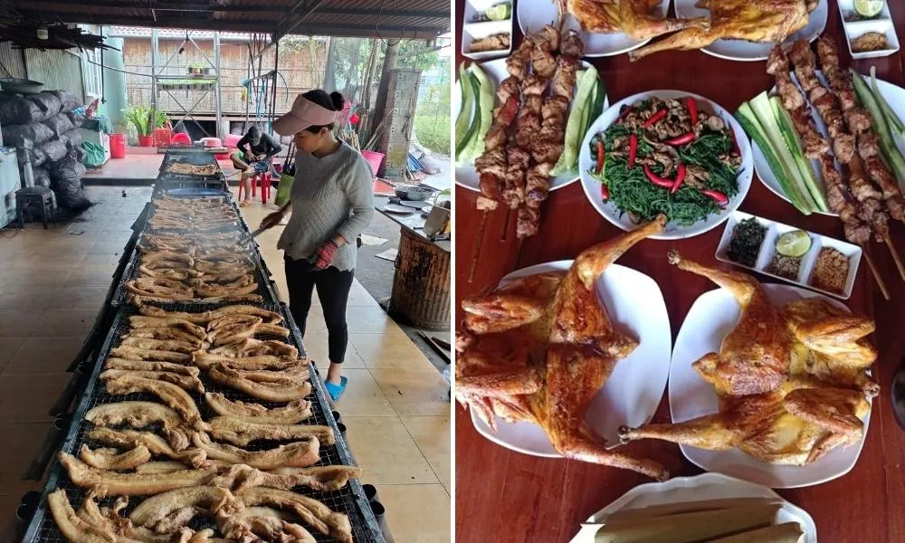 Mẹt gà nướng cơm lam đặc trưng của ẩm thực Tây Nguyên tại quán KSOR HNAO Gia Lai