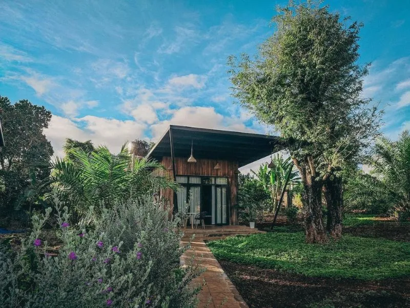 Sân vườn yên bình tại Paksong Farmstay Gia Lai, nơi thư giãn lý tưởng.