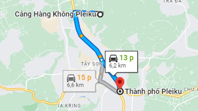 Bản đồ ước tính thời gian di chuyển bằng taxi từ sân bay Pleiku về trung tâm thành phố